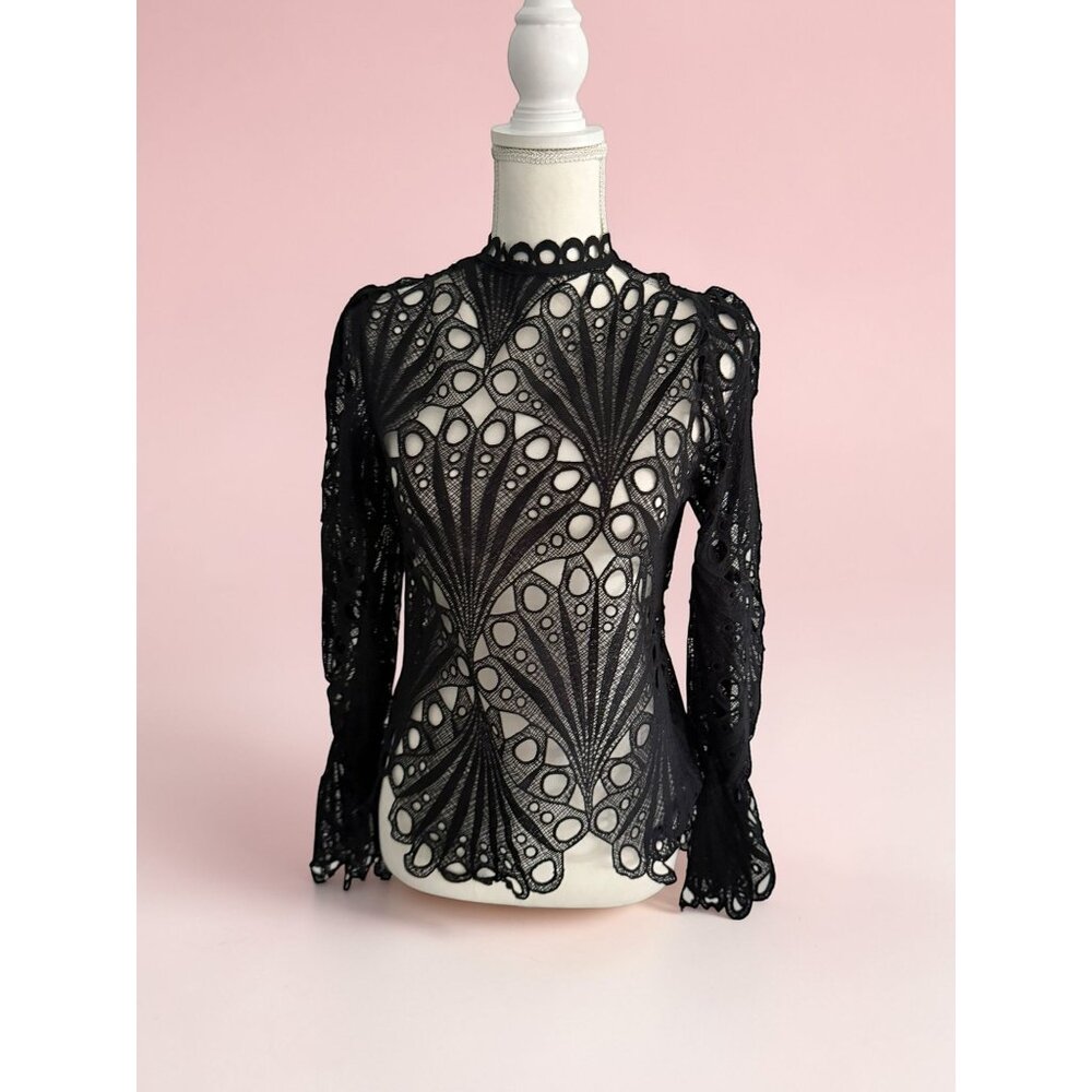 Black Lace Long-Sleeve Sheer Blouse